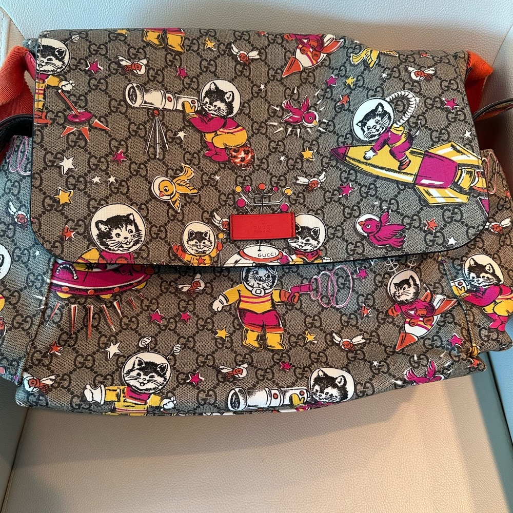 GG Supreme Monogram Space Cats Diaper Bag Orange Good Condition